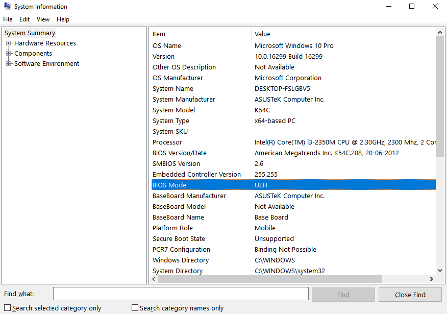 windows 10 uefi system information