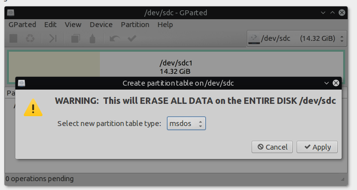 gparted create MBR partition table