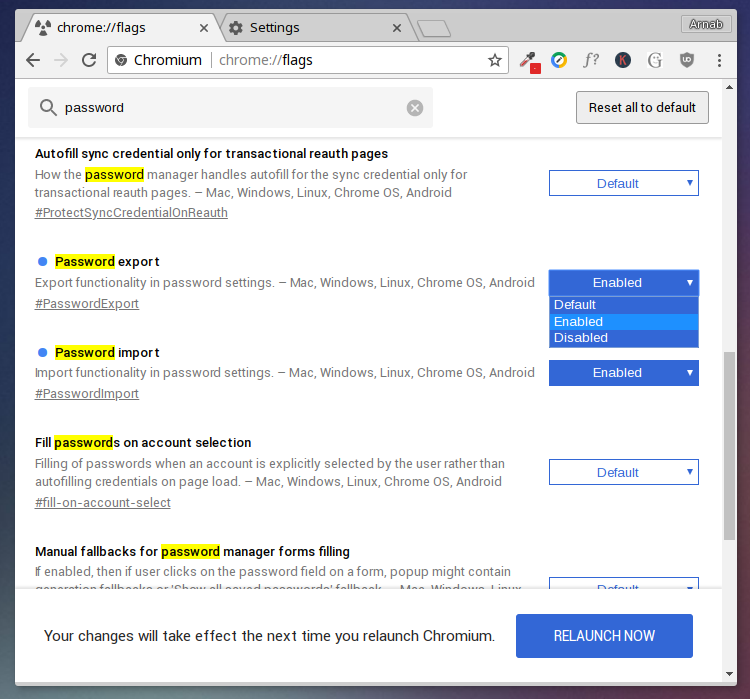 enable chrome password export and import