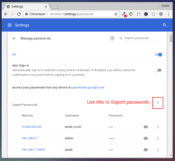 chrome password export option