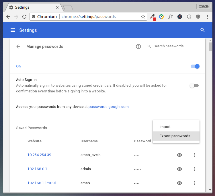 chrome export passwords to csv