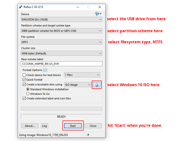 create windows 10 bootable usb with rufus