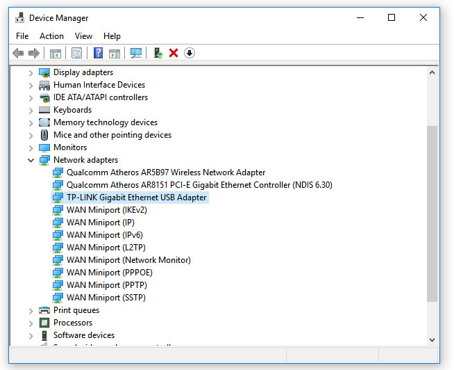 Windows device manager showing usb ethernet adapter