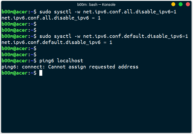 disable ipv6 with sysctl command