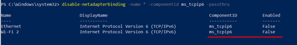 powershell command to disable ipv6 on all interfaces