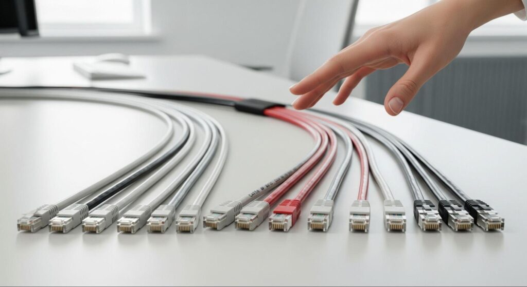 various types of etheret cables on a table